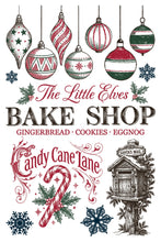 Load image into Gallery viewer, A festive Christmas-themed graphic with hanging ornament illustrations, the text 'The Little Elves Bake Shop,' 'Gingerbread • Cookies • Eggnog,' 'Candy Cane Lane,' a mailbox labeled 'Santa's Mail,' and snowflake motifs on a white background.