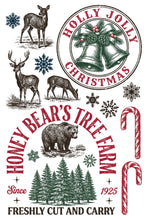 Load image into Gallery viewer, Vintage-style Christmas graphic with illustrated deer, a bear, bells, candy canes, snowflakes, and the text 'Holly Jolly Christmas' and 'Honey Bear's Tree Farm' on a white background.