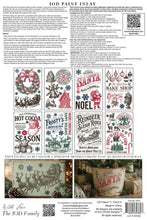 Load image into Gallery viewer, A product information sheet for IOD Paint Inlay featuring multiple holiday-themed stencil designs such as Santa, wreaths, hot cocoa, frosty cider, reindeer sleigh rides, and baker shop motifs, along with text instructions, a QR code, and a small example application photo.