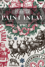 Load image into Gallery viewer, A Christmas-themed fabric pattern design sheet featuring vintage illustrations of Santa Claus, reindeer, snow globes, and ornaments in red, green, and black ink on an off-white background, with a dark gray text overlay reading 'PAINT INLAY'.