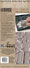 Load image into Gallery viewer, Back of a package for Iron Orchid Designs Jod Moulds, featuring product information, a barcode, social media links, and a photo of a hand pressing a textured stamp onto a rubber moulder.