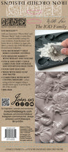 Load image into Gallery viewer, Back of a Jod Moulds castings packaging card by Iron Orchid Designs, showing product information, a photo of a hand holding a cast model, and close-up views of the carved mold details.