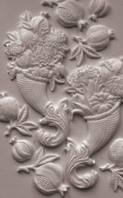 Load image into Gallery viewer, White embossed decorative wall relief featuring pomegranate motifs and floral baskets on a textured light gray surface.