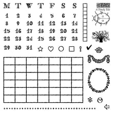 Load image into Gallery viewer, A black and white printable calendar grid activity sheet with days of the week headers, numbers 1 through 31, decorative doodles, and a large blank grid on a white background.
