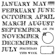 Load image into Gallery viewer, Black rubber stamp designs featuring vintage serif typography for months of the year, AM and PM, and phrases like 'BIRTHDAYS THIS WEEK'. Includes decorative floral corner accents and geometric frame shapes, with a 'A Timely Tale' brand logo in the top right.