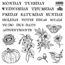 Load image into Gallery viewer, Black and white line art sheet featuring weekly calendar text from Monday through Sunday, plus illustrated motifs including a butterfly, flowers, a bird, a pumpkin, a nest, and acorns. A small logo reading A Tiny Tale appears in the top right.