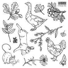 Load image into Gallery viewer, Black and white line art illustrations of woodland animals and plants, including a goose, rabbit, chicken, mouse, leaves, acorns, berries, and flowers, arranged on a white background with the text 'A Timely Tale' in the top right.