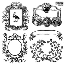 Load image into Gallery viewer, Collection of decorative IOD Emblems Stamps Sheet 1 of 4 French style frames and labels