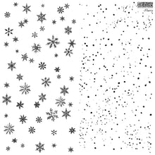 Load image into Gallery viewer, Black and white snowflake and dot pattern swatch, split vertically with intricate snowflakes on the left and scattered dots on the right, on a white background.