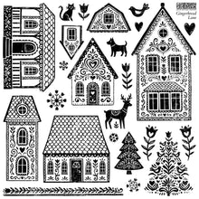 Load image into Gallery viewer, A black and white gingerbread-themed graphic sheet featuring multiple decorated gingerbread houses, trees, birds, flowers, hearts, and a deer, with the text 'Gingerbread Lane' in the top right corner.
