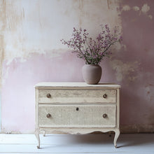 Load image into Gallery viewer, Antique cream painted dresser stamped with IOD Lace Decor Stamp 