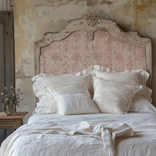 Load image into Gallery viewer, IOD Palais Des Fleurs Decor Stamp shown stamped on a French vintage-style headboard with lace bedding.