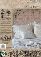 Load image into Gallery viewer, Back of packaging showing headboard stamped with IOD Palais Des Fleurs Decor Stamp. Pakcaging has guide depicting the varied designs in the stamp set.