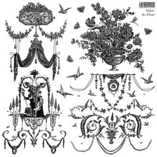 Load image into Gallery viewer, French inspired Palais Des Fleurs Decor Stamp with elegant floral arrangements, drapery, garlands and birds.