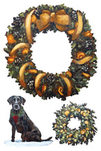 Load image into Gallery viewer, A watercolor-style holiday wreath design shown on a white background, with a large wreath at the top, a small dog wearing a green garland at bottom left, and a smaller wreath at bottom right.
