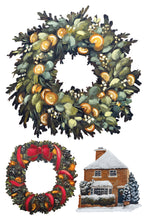 Load image into Gallery viewer, A watercolor-style holiday illustration showing two Christmas wreaths and a small snow-covered house. The top wreath is dense with green foliage and orange-gold ornaments, and the bottom wreath has greenery with red ribbons and orange-gold accents.