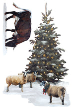 Load image into Gallery viewer, A whimsical winter illustration featuring a snow-covered evergreen tree with warm lights, several sheep in the snow, and a dark horse hanging from a snowy wall on the left, all on a white background.
