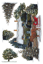 Load image into Gallery viewer, A watercolor-style winter village scene with snow-covered evergreen trees, a small cottage, and a red sleigh drawn by a brown horse on a white background.