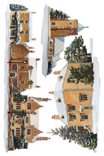 Load image into Gallery viewer, Watercolor-style illustration of a snowy village scene with tan cottages, dark green trees, and white snow on a white background.