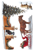 Load image into Gallery viewer, A festive watercolor-style illustration featuring a brown horse pulling a red sleigh decorated with greenery and gifts, alongside a Christmas tree, snow, and a small dog in the upper right, all on a white background.
