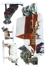 Load image into Gallery viewer, A whimsical winter scene artwork featuring a red-roofed cabin surrounded by snow, evergreen trees, and several animals including a dog, sheep, and cow, arranged on a white background.