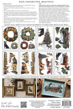 Load image into Gallery viewer, Back cover of a craft pattern booklet titled 'Easy, Distinctive, Beautiful' by The IOD Family, showing multiple holiday-themed design previews including wreaths, Christmas trees, rustic signs, and framed art, with instructions and a barcode at the bottom.