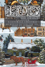 Load image into Gallery viewer, Cover art for 'Iron Orchid Designs Transfer: A Cotswold Christmas' by Marian Parsons, showing a snowy village scene with a horse-drawn sleigh, cottages, trees, and a large decorative title block at the top.
