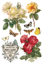 Load image into Gallery viewer, IOD By Any Other Name Transfer Sheet 2 of 8 with French label, roses and butterflies, a French label and butterflies.