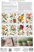 Load image into Gallery viewer, Back of packaging of IOD By Any Other Name Transfer depicting the 8 Sheets of designs with various arrangements and images of decor projects.