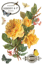 Load image into Gallery viewer, IOD By Any Other Name Transfer Sheet 3 of 8 showing vintage-inspired yellow roses with green leaves and butterflies, featuring Paris French labels.