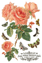 Load image into Gallery viewer, IOD By Any Other Name Transfer sheet 4 of 8 with pink roses and butterflies with a French Label.