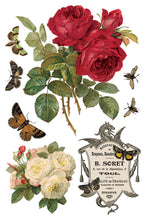 Load image into Gallery viewer, IOD By Any Other Name Transfer Sheet 7 of 8 with red and white roses, green leaves, butterflies with a French label.
