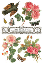 Load image into Gallery viewer, IOD By Any Other Name Transfer Sheet 8 of 8 with bird, butterflies and pink roses with 'L'Art Pour Tous' French label.