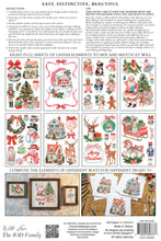 Load image into Gallery viewer, Instruction sheet for a Christmas-themed cross-stitch or needlework kit, showing multiple sample stitched designs of trees, snowmen, houses, ornaments, and holiday scenes, along with written instructions and small framed preview examples.