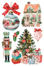 Load image into Gallery viewer, A collection of Christmas-themed clipart illustrations on a white background, including a large ornament with a red bow, a decorated house, a nutcracker, a Christmas tree with gifts, and a pink patterned hot air balloon.