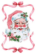 Load image into Gallery viewer, Vintage-style watercolor illustration of Santa Claus's smiling face framed by pink ribbon bows and holly accents on a white background.