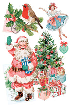 Load image into Gallery viewer, A collage of vintage Christmas illustrations on a white background, including Santa Claus waving, a robin bird with holly, a ballerina in a blue dress, a decorated Christmas tree, and wrapped presents.