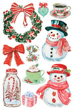 Load image into Gallery viewer, A collection of festive Christmas watercolor illustrations on a white background, including a green wreath with red bows and berries, snowman figures in red scarves and hats, a red bow, a cup of tea, a mug of hot chocolate, a candy cane jar, and wrapped gift boxes.