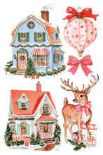 Load image into Gallery viewer, A set of Christmas-themed watercolor illustrations on a white background, including a decorated house, a pink ornament with red bow, a red bow, a Christmas house, and a deer with a pink bow and antlers.