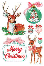 Load image into Gallery viewer, A festive Christmas watercolor illustration sheet featuring a deer with antlers, a green ornament with a decorated tree inside, smaller ornaments, a pink bow, and a 'Merry Christmas' sign on a white background.