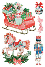 Load image into Gallery viewer, A watercolor-style holiday collage on a white background featuring a red sleigh filled with wrapped gifts, a pink rocking horse with green garland and pink bow, a blue-and-red nutcracker soldier, and a red ornament with a bow.