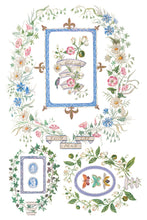 Load image into Gallery viewer, IOD Emily Clare Transfer Sheet 1 of 8 with florals in oval frame shapes and rectangular frames with ribbon labels.