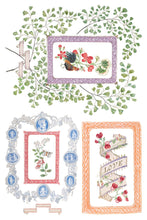 Load image into Gallery viewer, IOD Emily Clare Transfer sheet 2 of 8 with 3 designs featuring botancials around varied frames, with cameos, flowers, rooster and ribbon banner with text 'Love'l