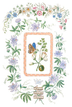 Load image into Gallery viewer, IOD Emily Clare Transfer Sheet 3 of 8 with botanicals with a "Home is where the heart is' ribbon banner surrounding rectangular frame with florals and butterfly.