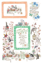 Load image into Gallery viewer, IOD Emily Clare Transfer Sheet 5 of 8 with varied designs featuring frames and botanicals with kittens, birds and ribbon label with 'Amazing Grace' text.