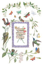 Load image into Gallery viewer, IOD Emily Clare Transfer Sheet 6 of 8 with pastel botancials, birds, next, butterflies and a rectangular frame with a ribbon label with text 'Home Sweet Home'.