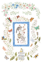 Load image into Gallery viewer, IOD Emily Clare Transfer Sheet 7 of 8 with blue rectangular frame with cute kittens and soft pastel botanicals around it and a "This is our happy place' ribbon banner.