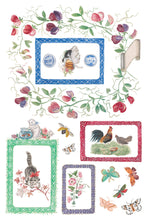 Load image into Gallery viewer, IOD Emily Clare Transfer sheet 8 of 8 with 4 varied rectangular frames in various colors with kittens, rooster, butterflies and botancials.