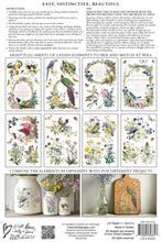 Load image into Gallery viewer, Back cover of IOD Flora Greca Transfer depicting the 8 sheets of designs plus project inspiration of vases and a cutting board.