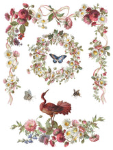 Load image into Gallery viewer, Sheet 1 of 8 of IOD Madeline Transfer with a lovely floral garland with ribbon running through, plus a wreath, birds and butterflies.